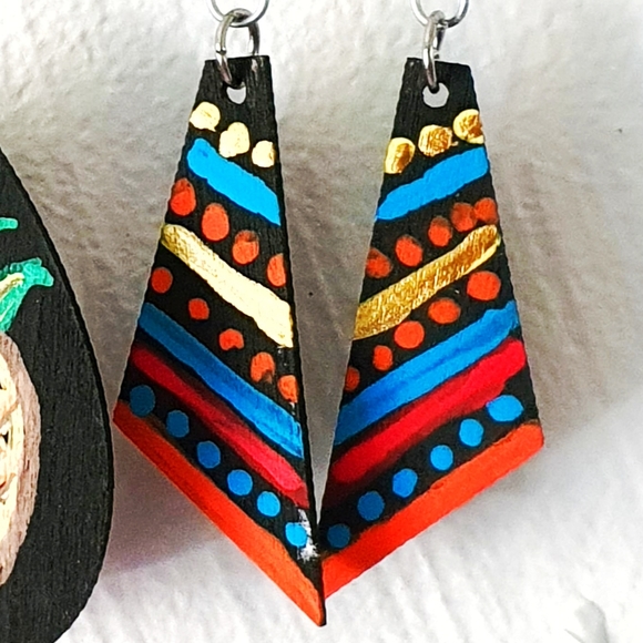 Pineapple & Abstract Hand Painted Wood Earings - Picture 3 of 5